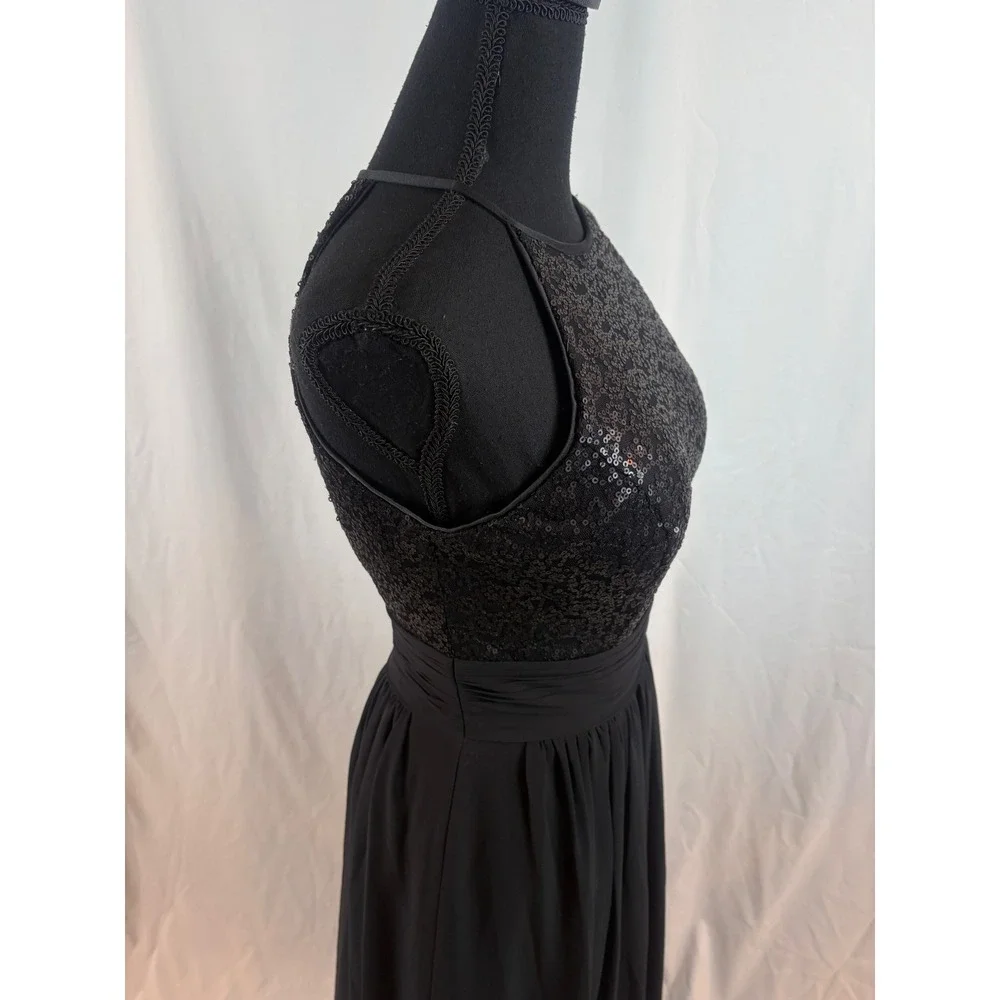 Black Sequin Halter Neck Maxi Dress Open Back Ruched Waist Formal Evening Gown - Picture 9 of 16